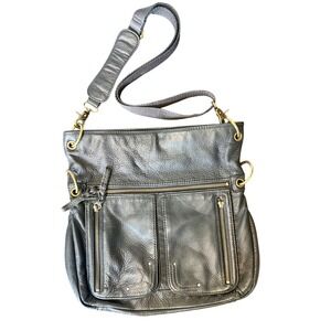 The Sak Silver Leather Crossbody Bag Metallic Pebbled Messenger Multi-Pocket